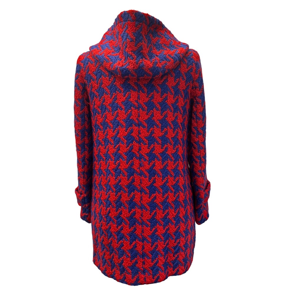Judith March Duffle Coat Womens S Red Blue Excellent Houndstooth Hooded Toggle - Picture 7 of 9
